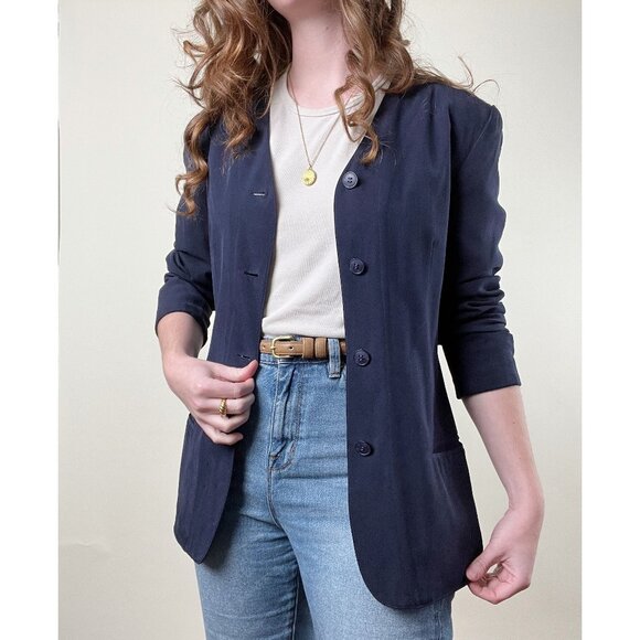 Vintage 100% Silk Oversized Blazer Jacket Coat Relaxed Loose Fit Preppy Academia - Picture 4 of 6